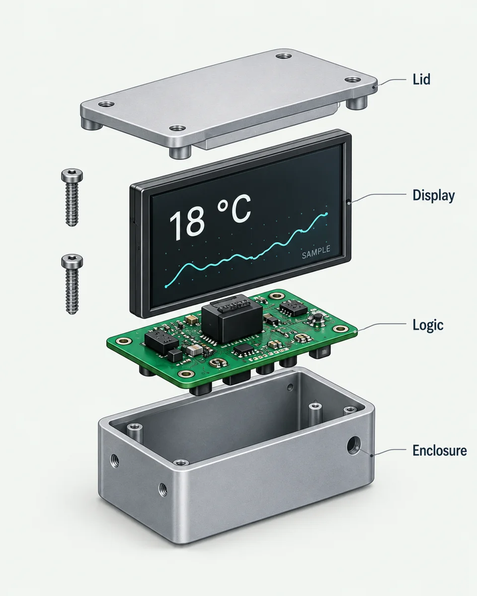 Exploded learning concept showing the enclosure, circuit board, display and lid