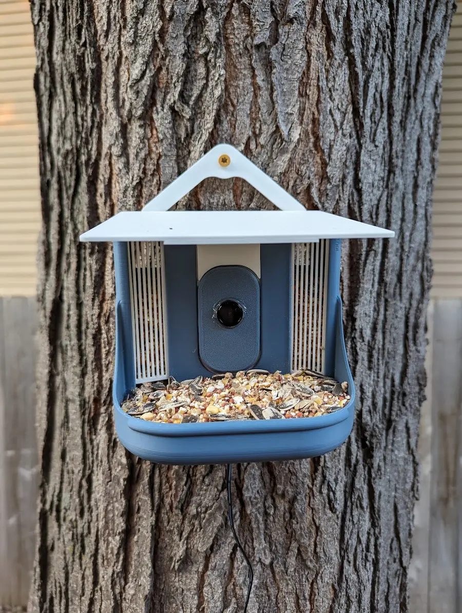 Creator photograph of the BirdBrain feeder mounted on a tree (CC BY)